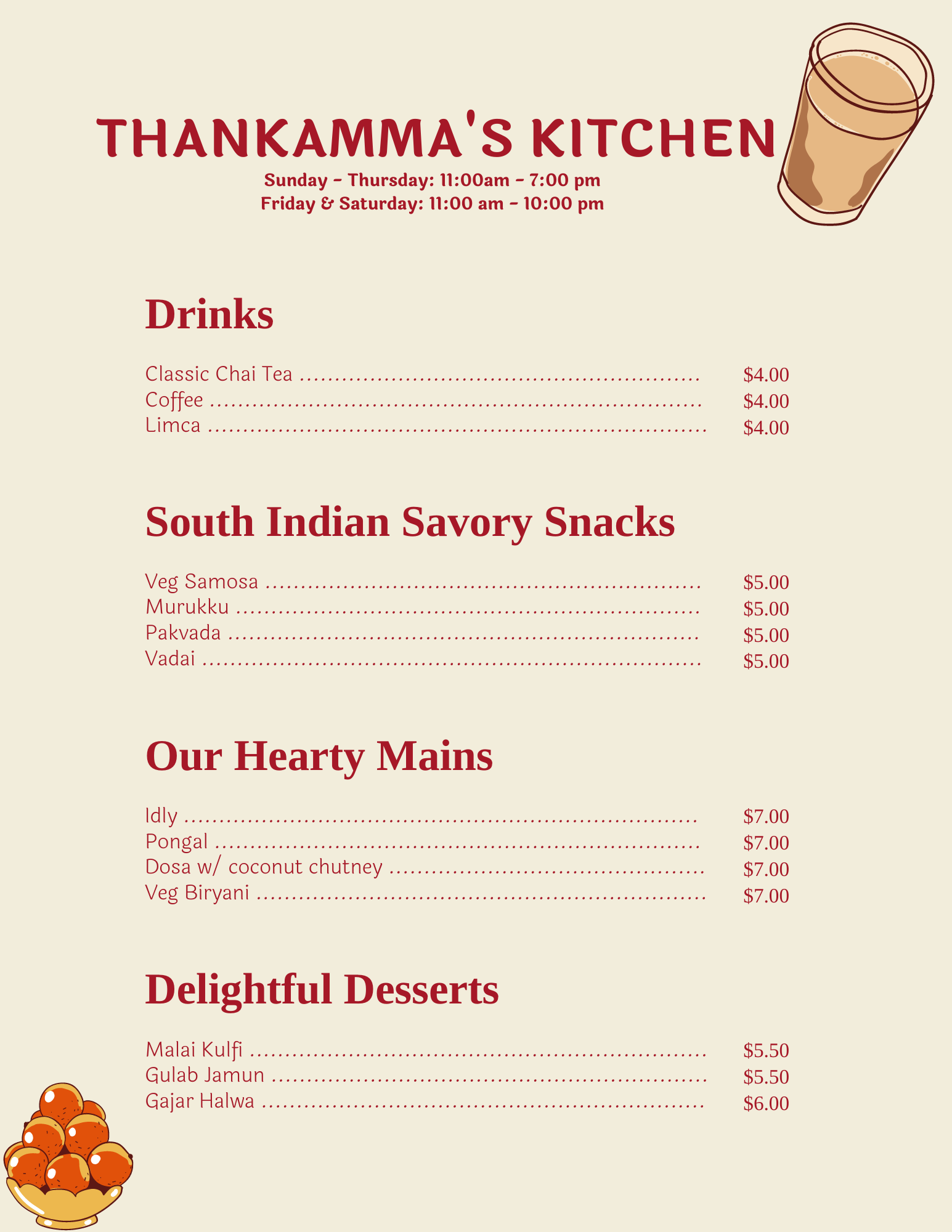 Thankamma's kitchen restaurant menu